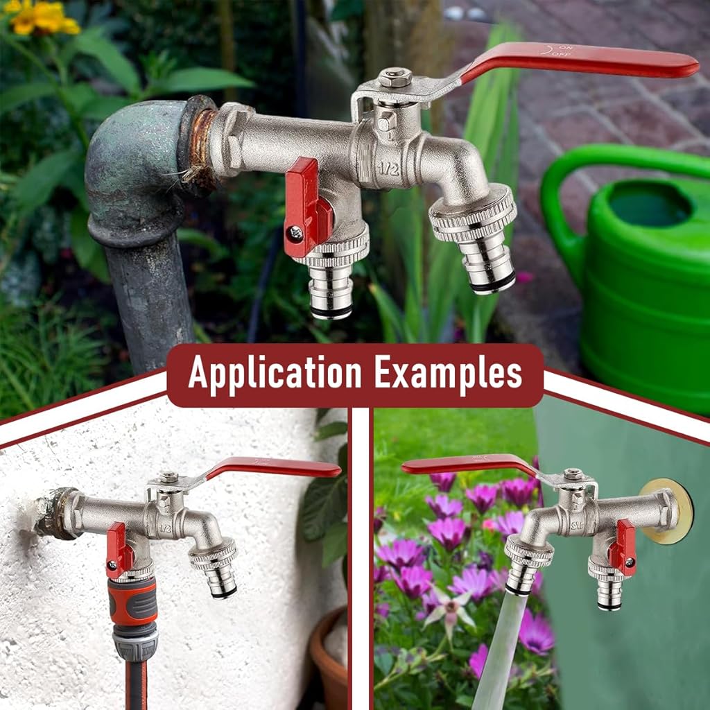 HASTHIP® 1/2 Inch Dual Outlet Garden Faucet Splitter, Heavy Duty Zinc Alloy Double Valve Tap with Individual Control, Outdoor Faucet Garden Tap for Efficient Water Distribution HASTHIP® 1/2 Inch Dual Outlet Garden Faucet Splitter, Heavy Duty Zinc Alloy Double Valve Tap with Individual Control, Outdoor Faucet Garden Tap for Efficient Water Distribution
